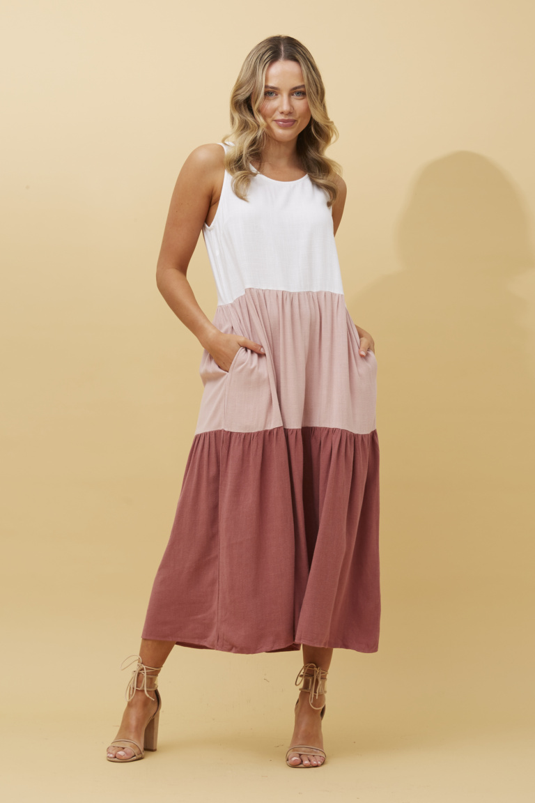 Linen Blend Sleeveless Seamed A-Line Midi Dresses