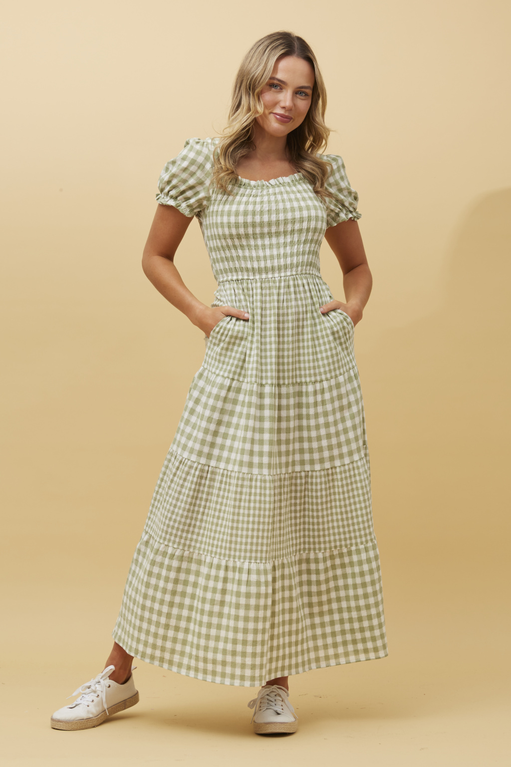 Cotton Gingham Button Front Flared Maxi Dress main image 0